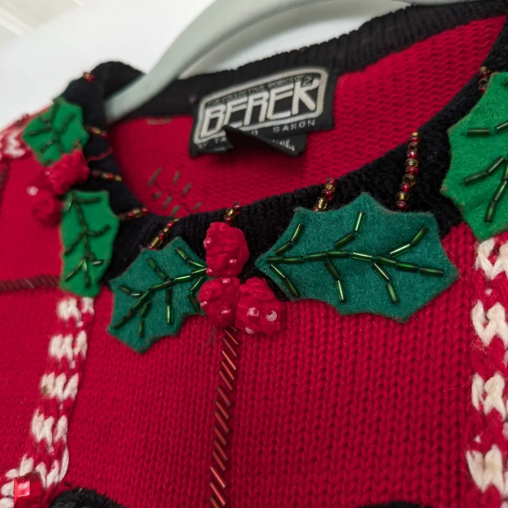 Vintage Berek Womens Red Christmas Sweater M Snowman Beaded Sequin Statement M - Picture 6 of 11